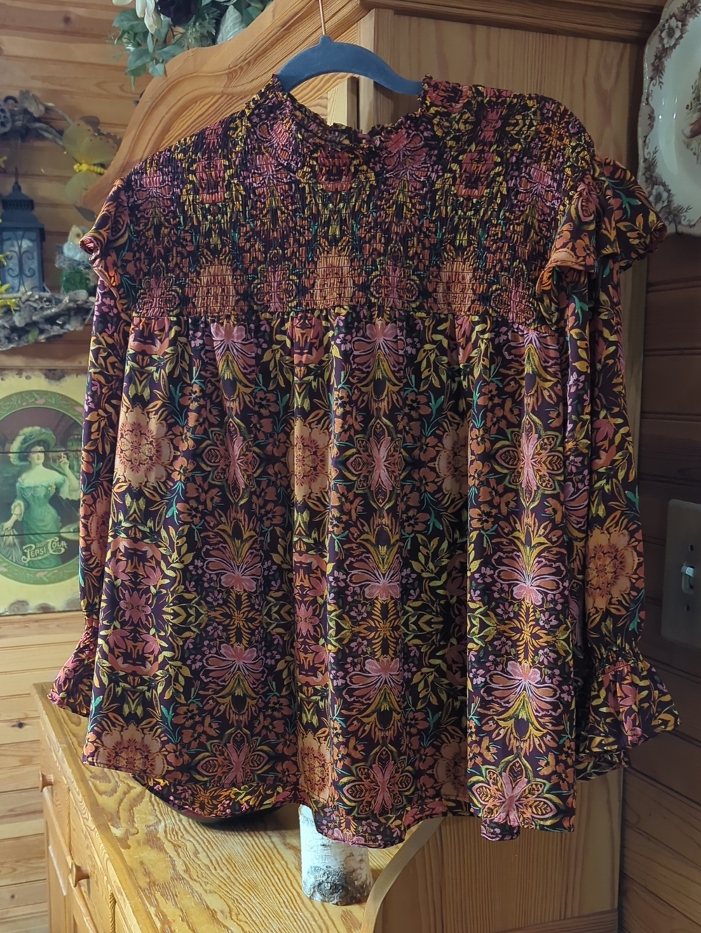 Smocked Boho Floral Blouse - Pink & Brown